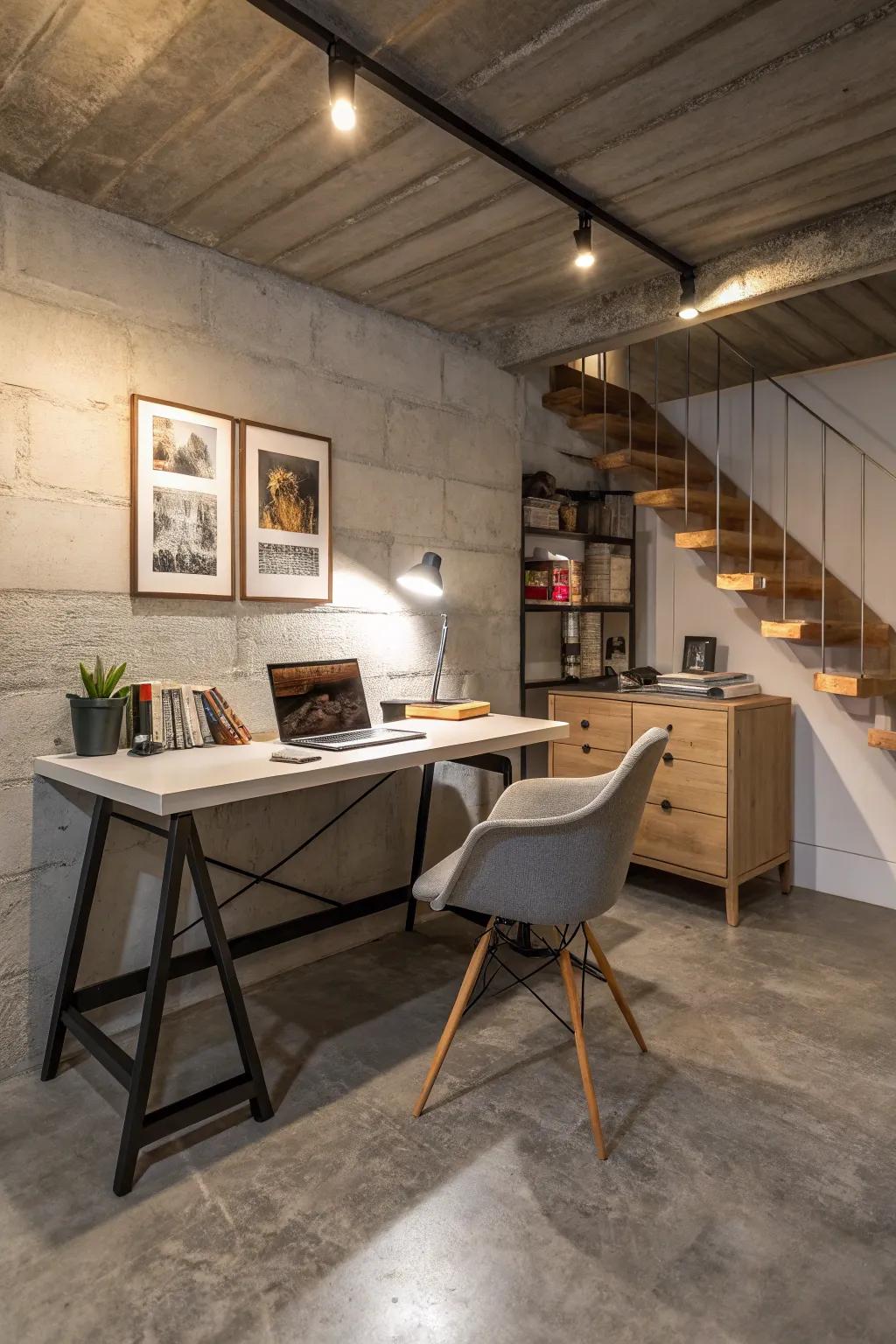 Concrete floors provide a durable foundation for a stylish and functional home office.