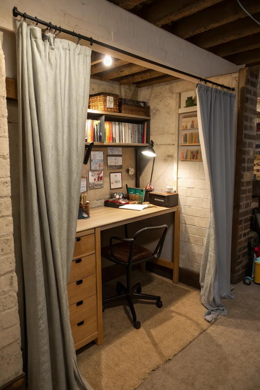 A discreet workspace keeps the basement neat.