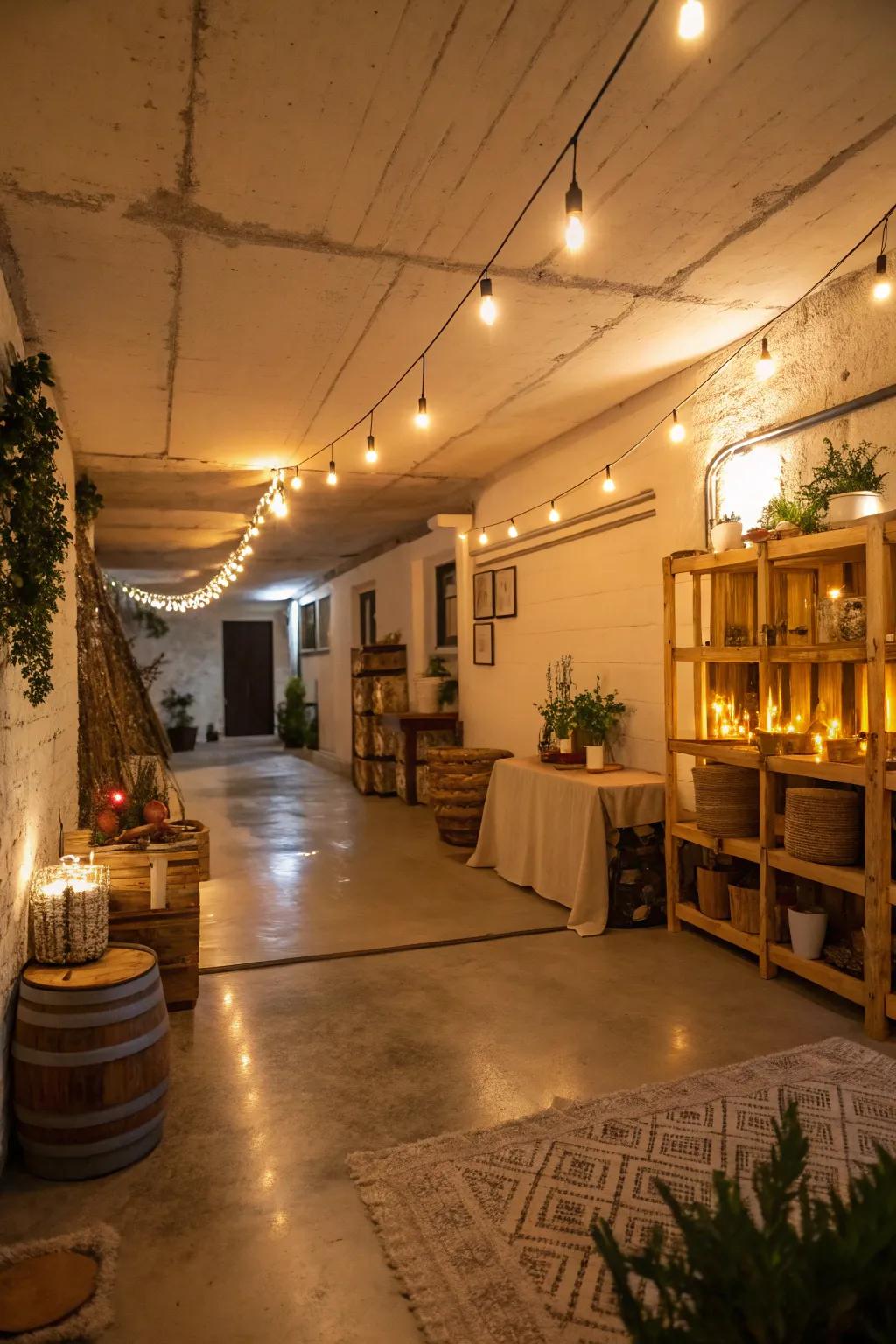 A well-illuminated basement that feels welcoming and warm.