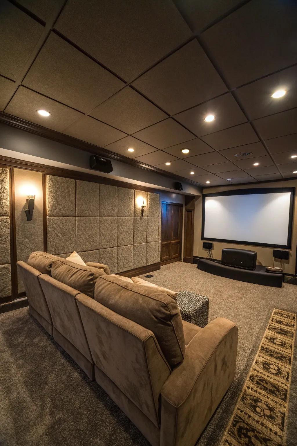 An immersive home cinema within the basement featuring plush seating and a large display.
