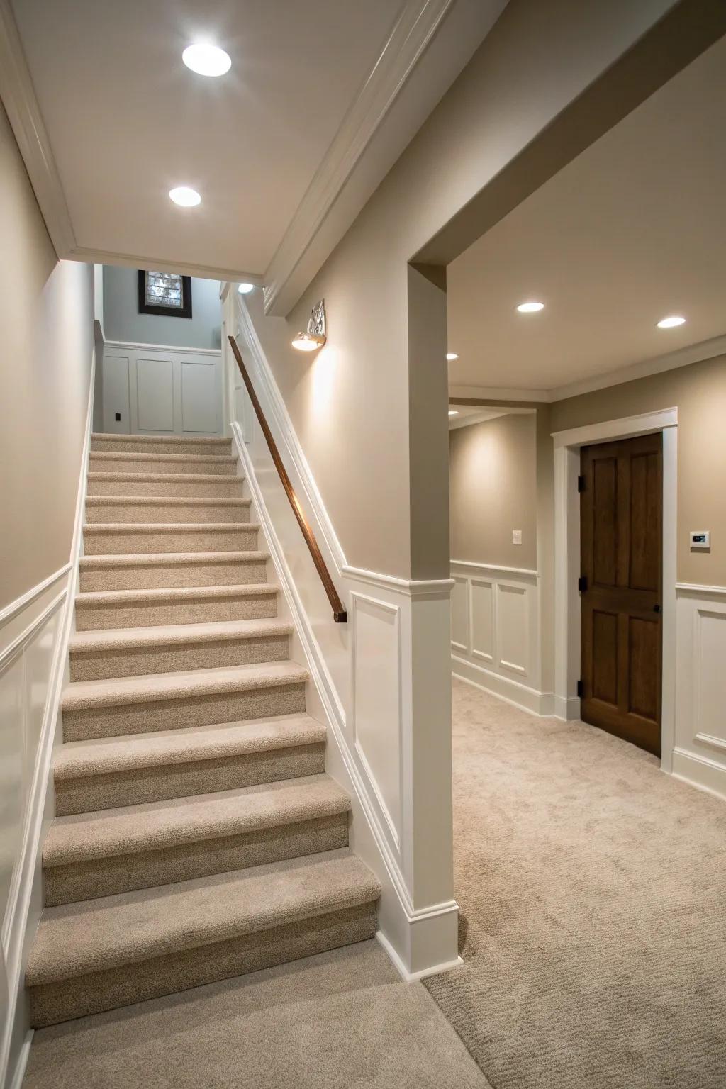 Neutral colors create a serene and unified stairway.