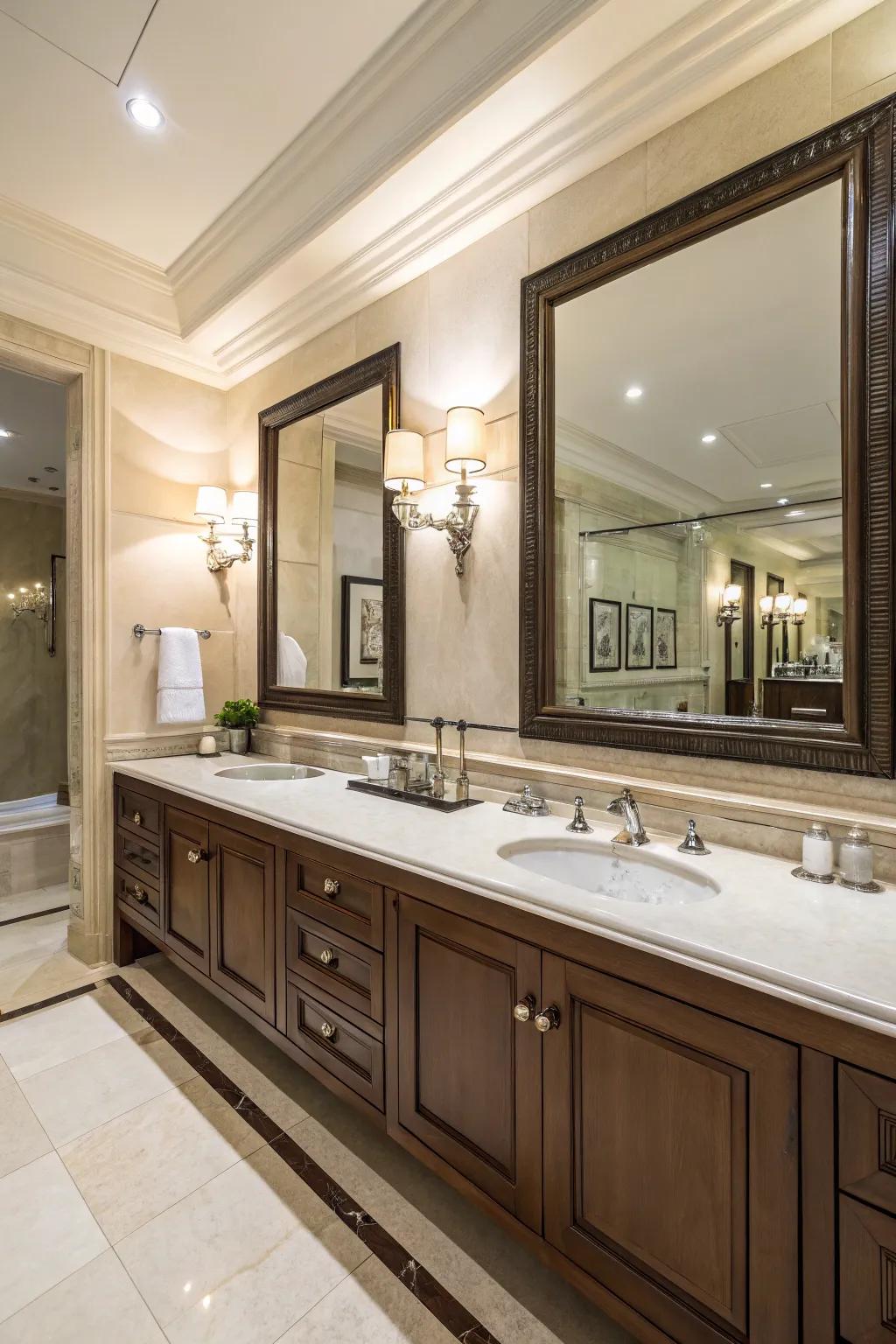 A double shelf unit transforms a shared bathroom into a lavish space.
