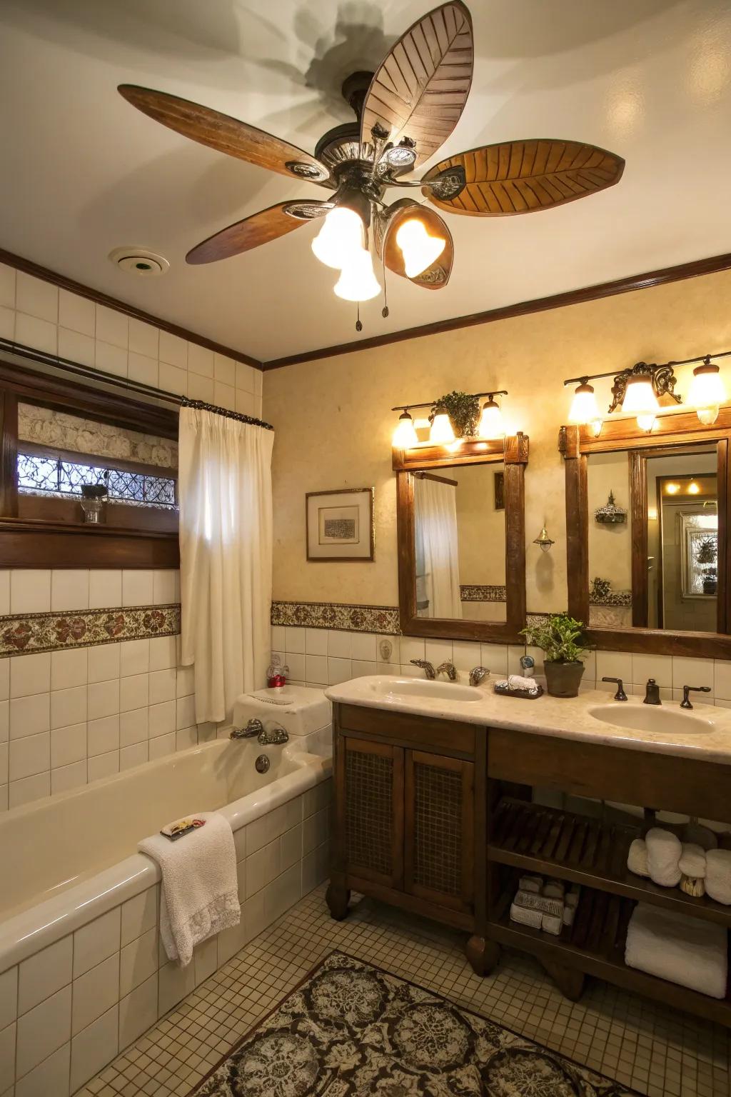 A vintage-style bathroom showcasing a classic fan and warm lighting.