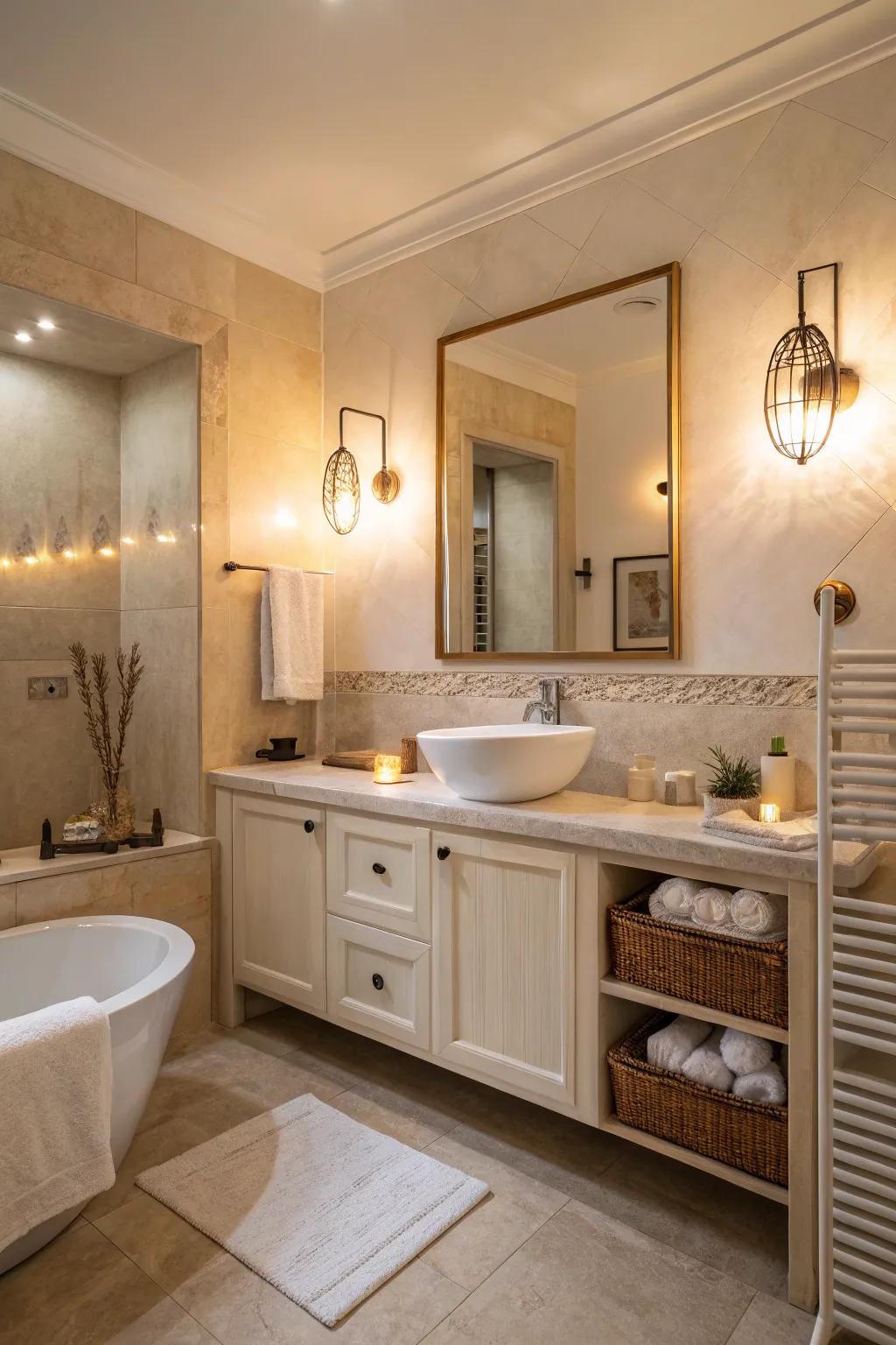 Comforting lighting complements a neutral color scheme beautifully.