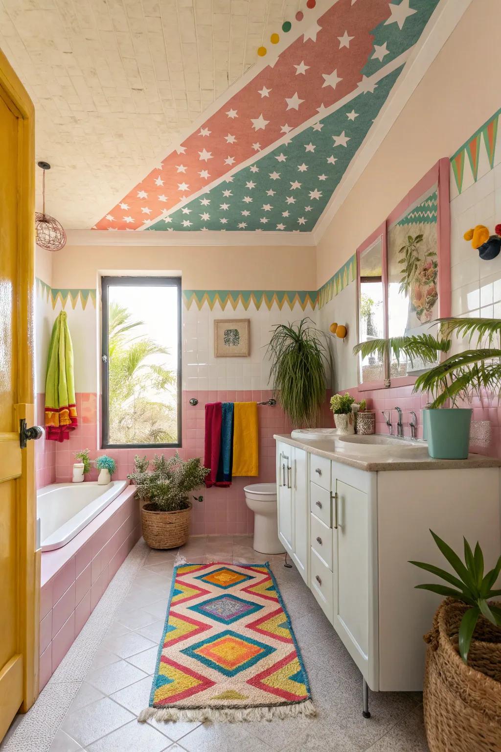 Incorporate eye-catching bright tones for a fun and lively bathroom.