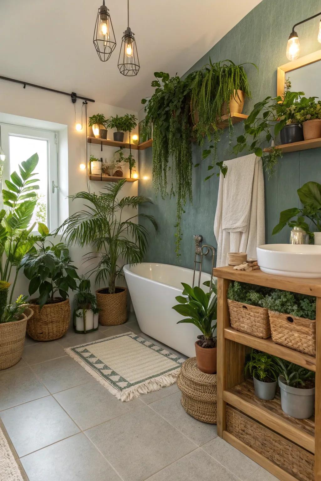 A bathroom enriched by greenery, where plants introduce life and a natural element to the decor.