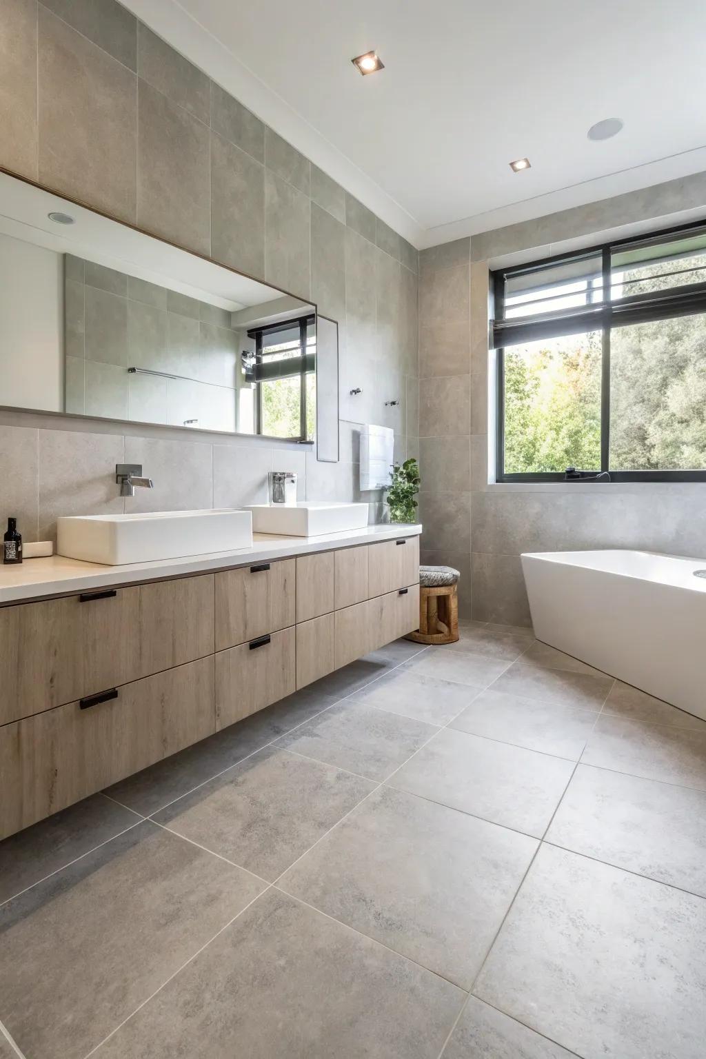 Cement-look tiles create a sleek, modern feel.