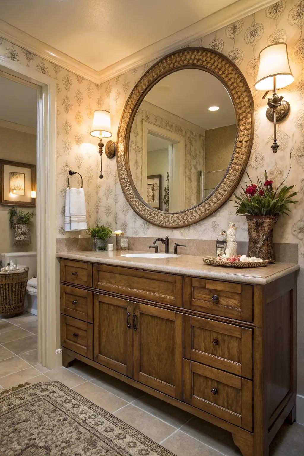 Decorative mirrors act as elegant centers of attention while enhancing the room's luminosity.