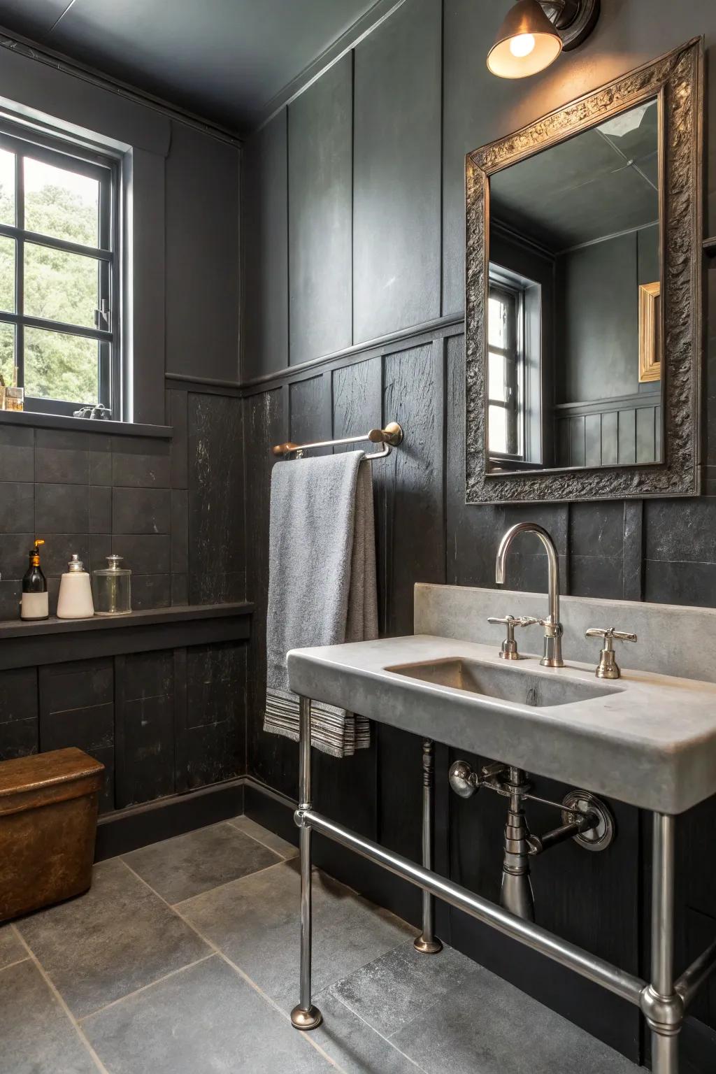 Graphite walls paired with metal fixtures for an urban vibe.