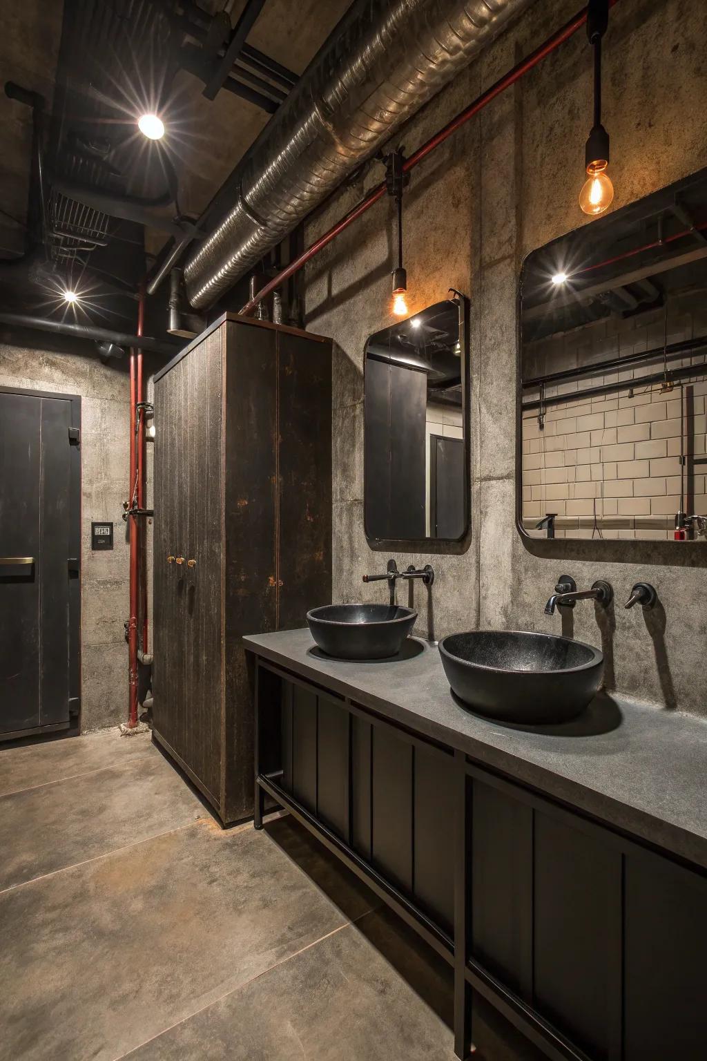 An urban industrial bathroom featuring metal touches and dark hues.