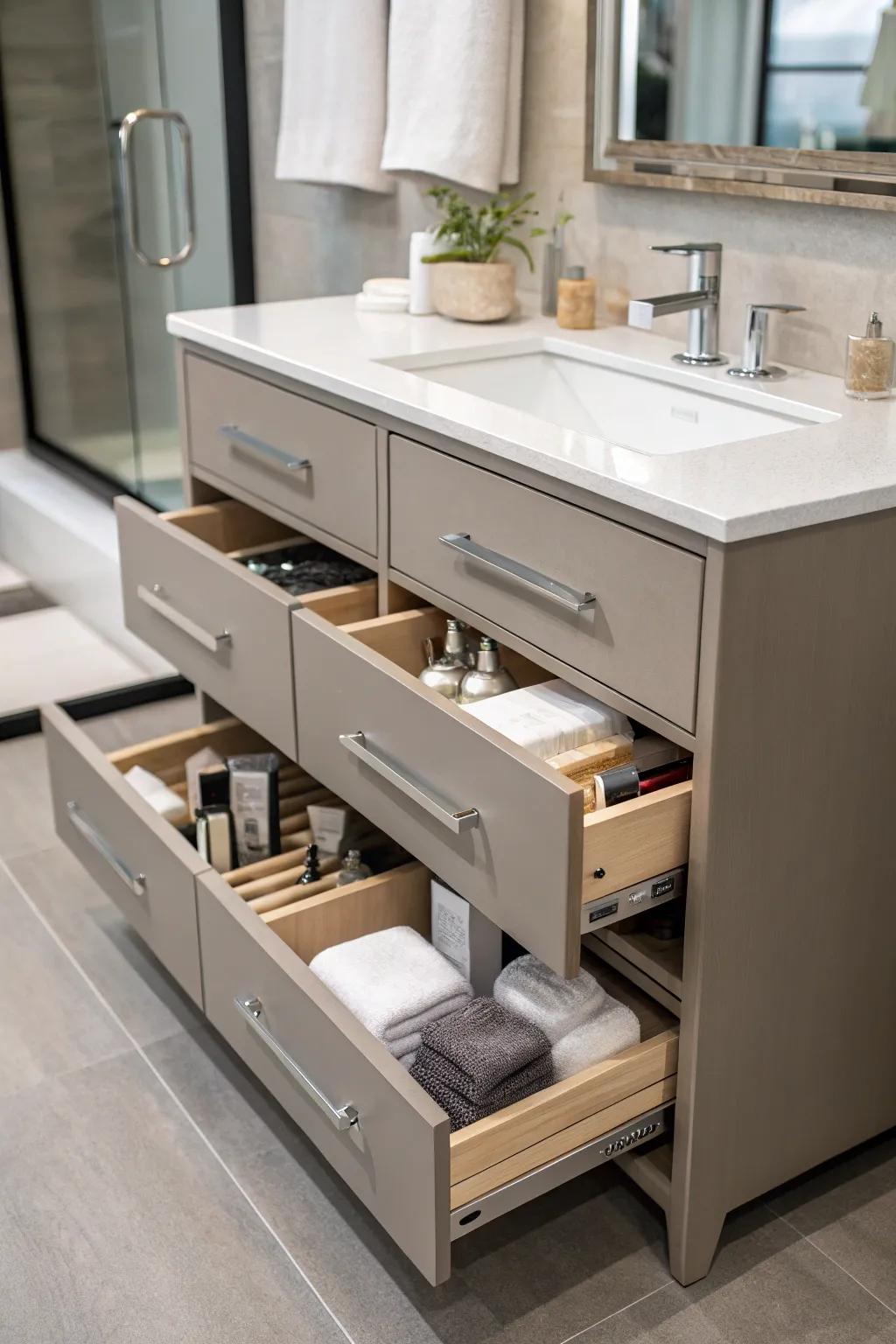 Integrated storage promotes a chic and tidy bathroom.
