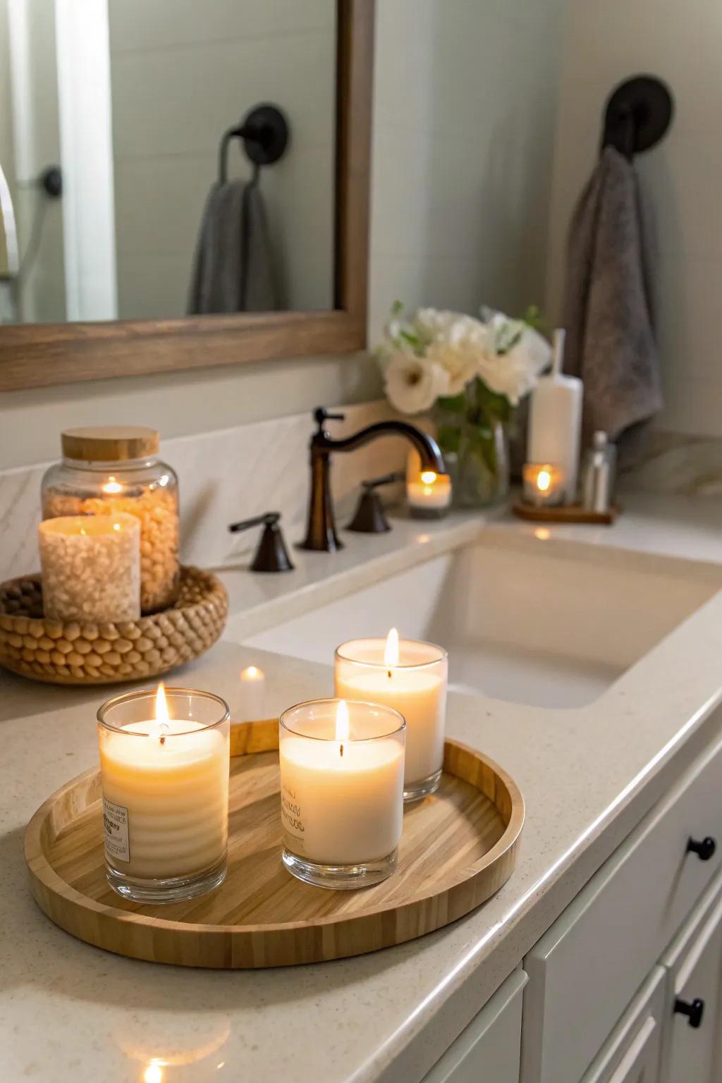 Scented candles add warmth and a soothing aroma.