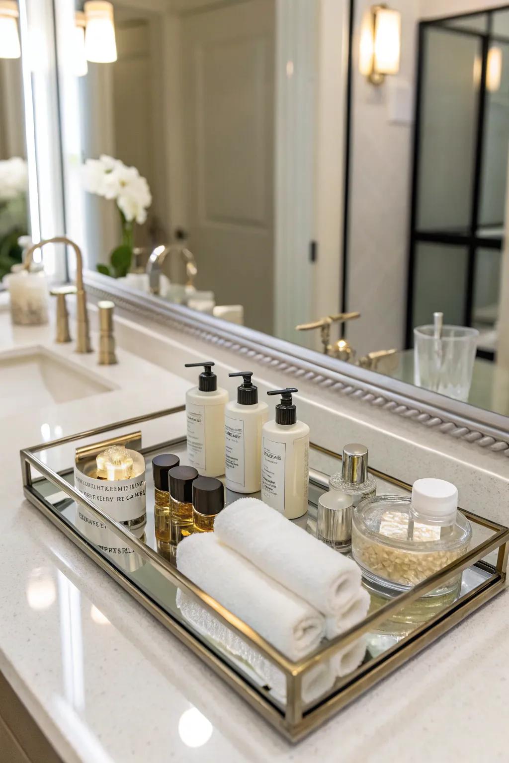 Mirrored platters enhance illumination and expanse within the bathroom.