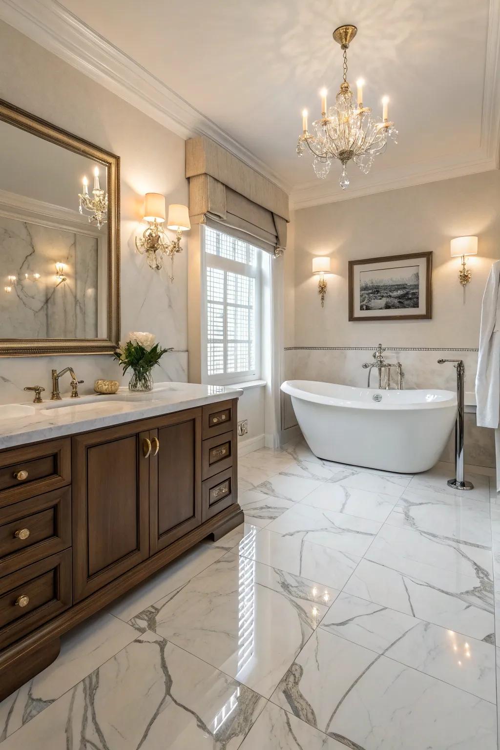 Resilient flooring in a marble style adds a hint of luxury to this elegant bathroom.