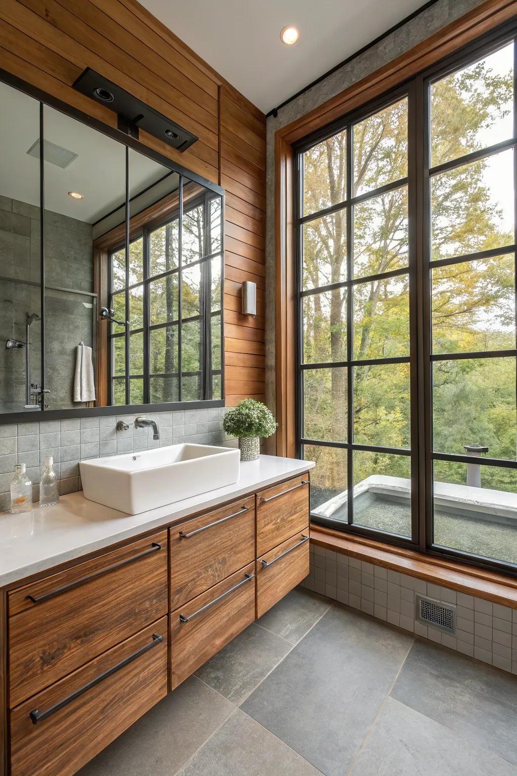 Integrated materials contributing to textural depth in bathroom windows.