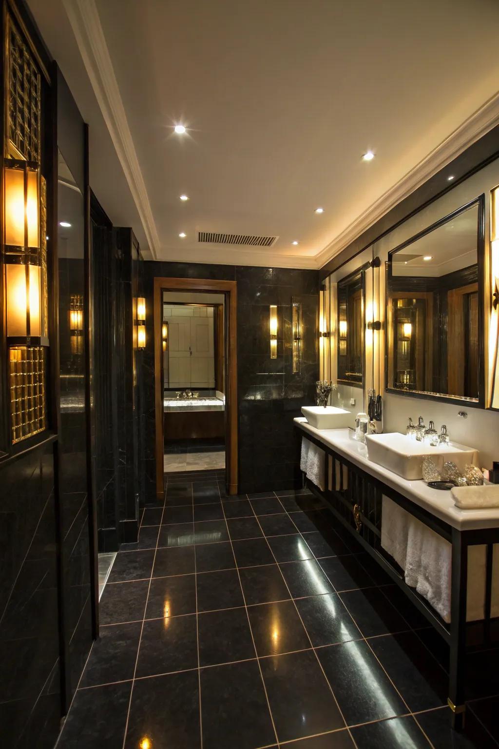Strategic lighting enriches the brightness and ambiance of this bathroom.