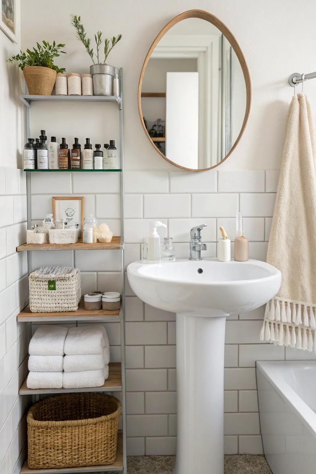 Optimize storage using elegant wall mounted shelving.