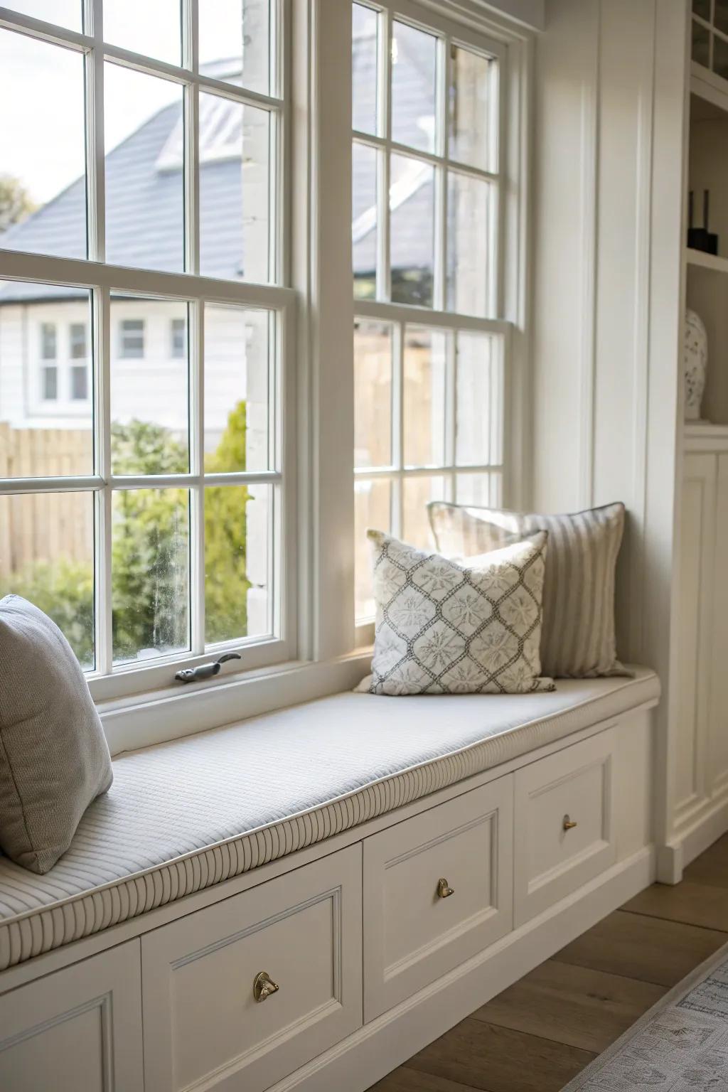 A minimalist bench seat adds a sleek and modern touch to your bay window.
