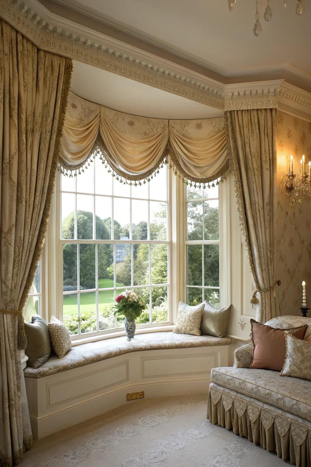 Swag and scalloped designs bring elegance to windows.
