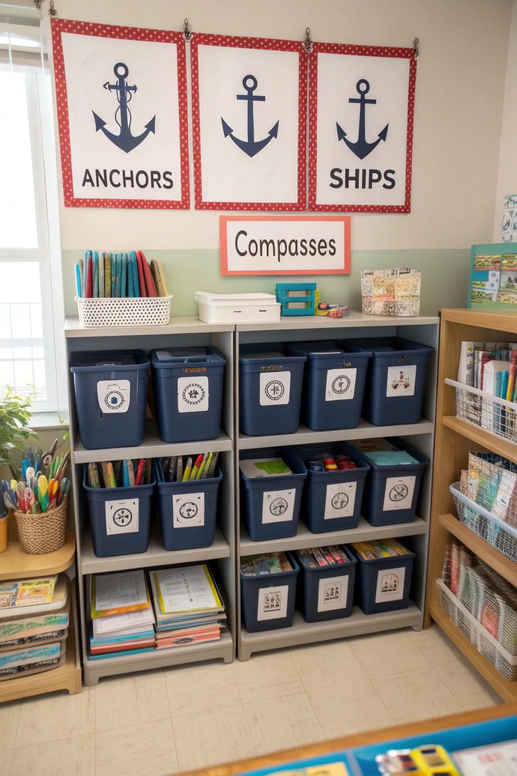 Nautical-themed stickers inject order and style into classroom organization.