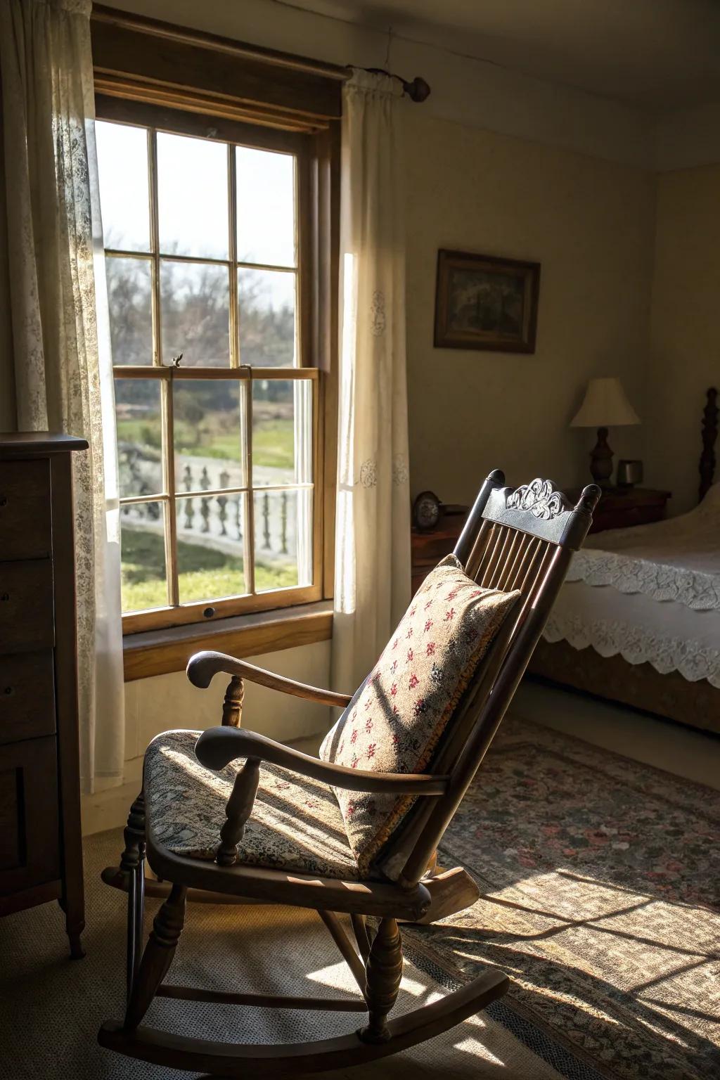 Rocking chairs evoke nostalgic charm and soothing relaxation.