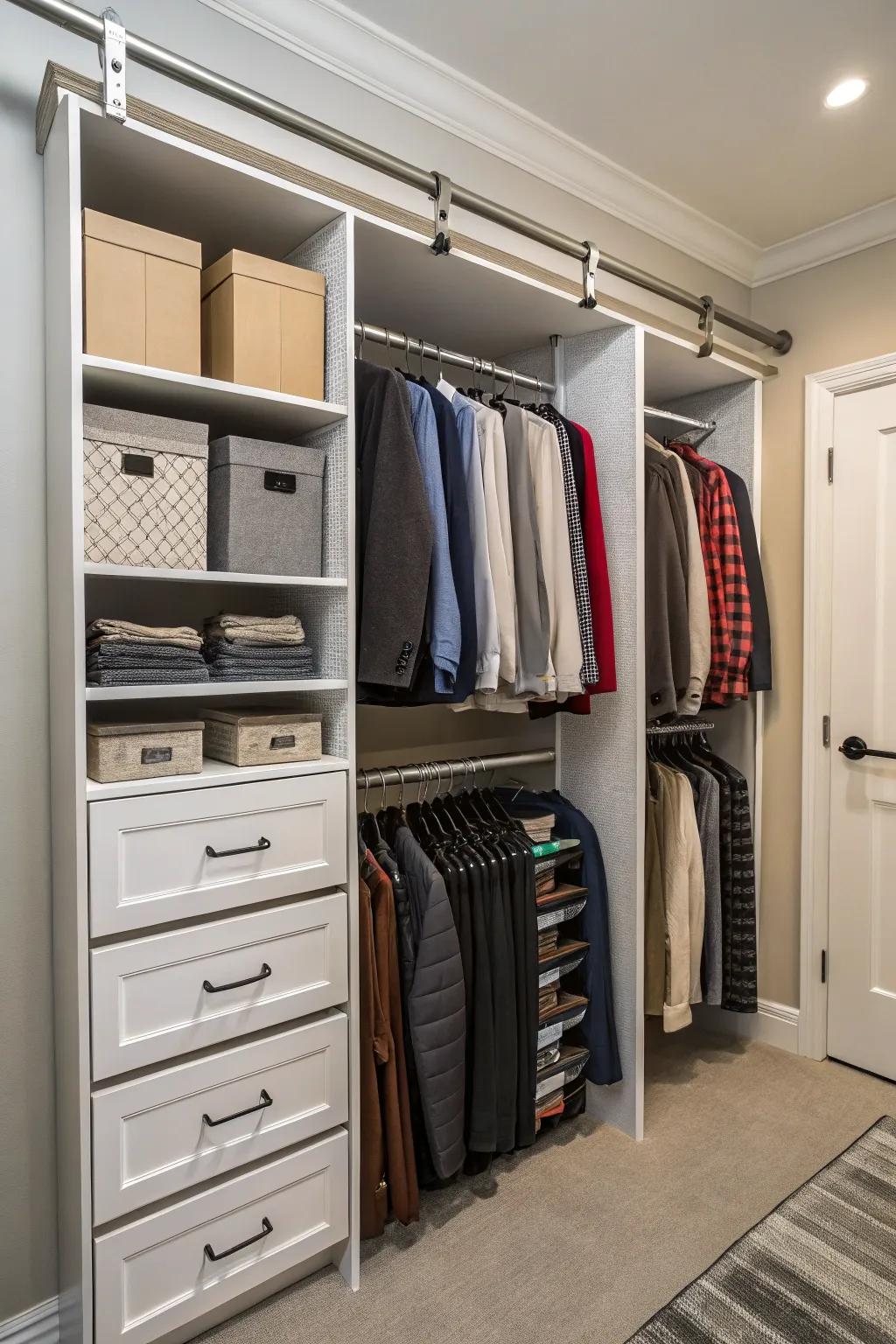 Lowering rods make high storage areas accessible.