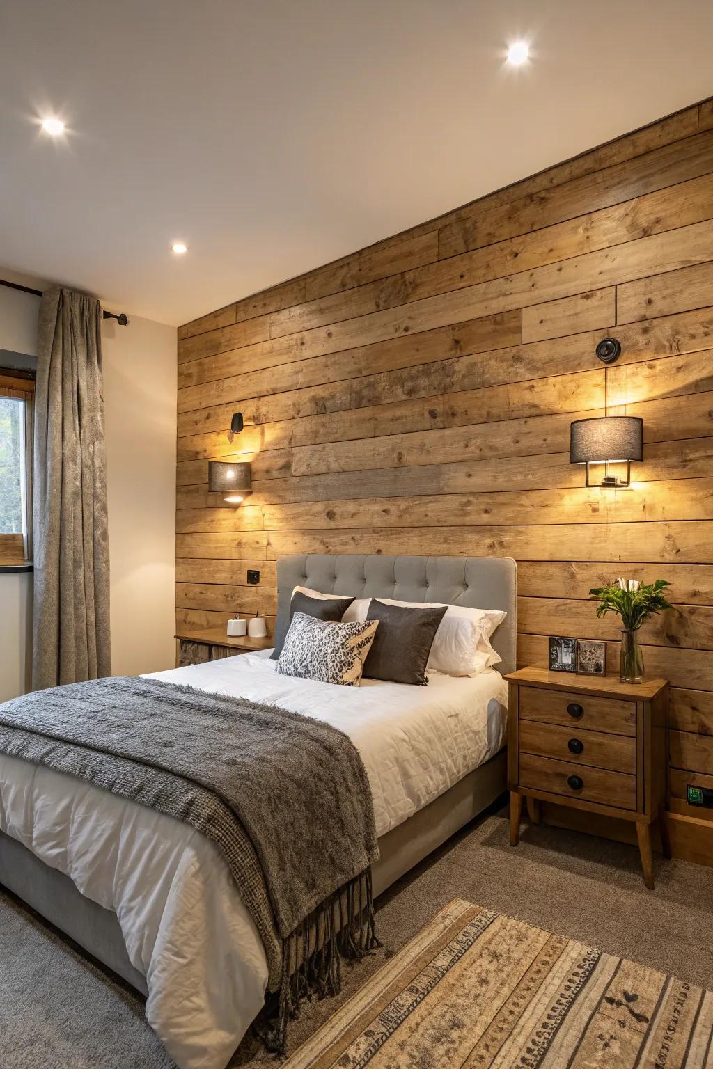 Wood cladding adds warmth and texture to this bedroom's statement wall.