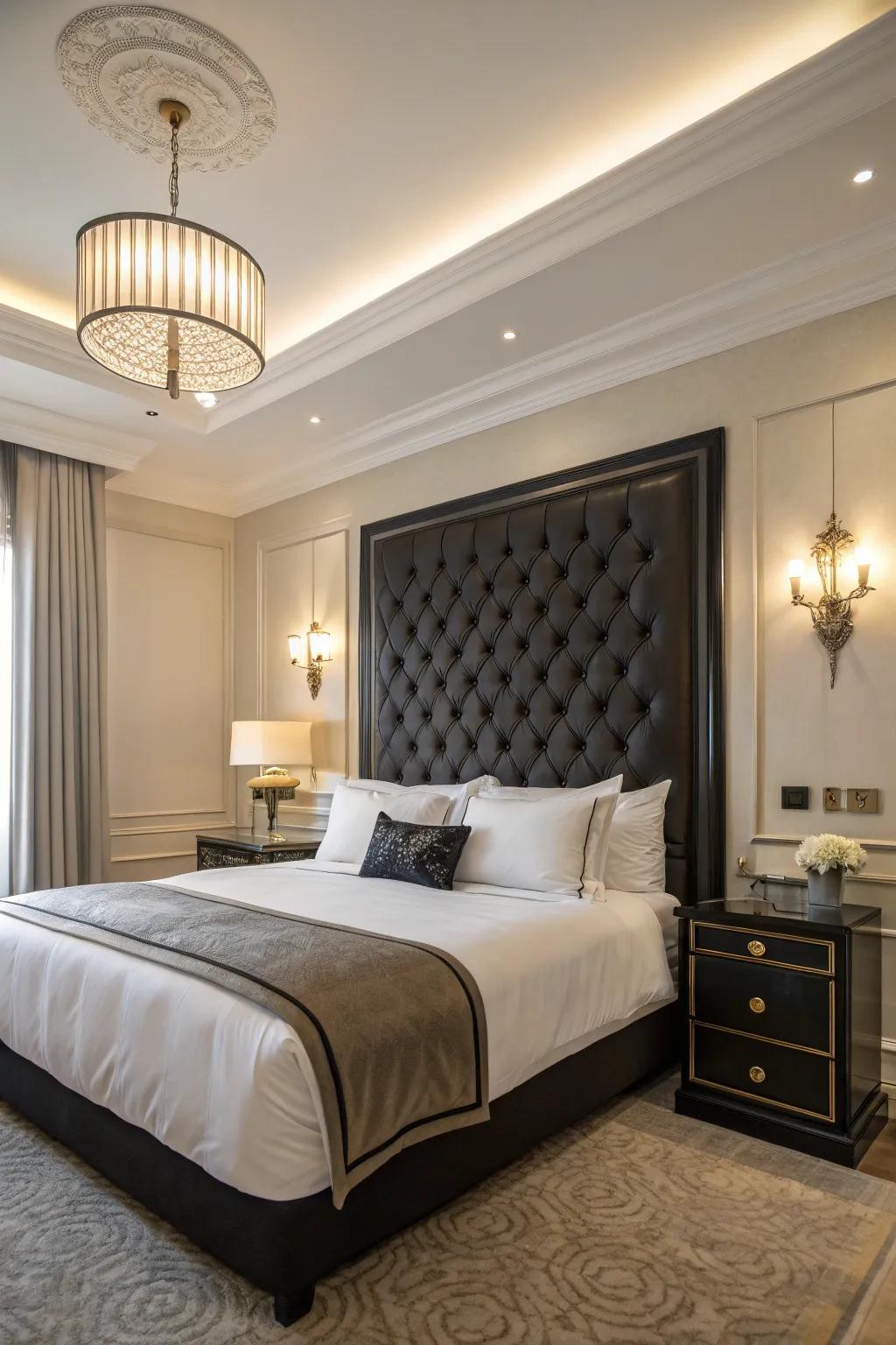 An impressive dark headboard serves as a central focal point in a chic bedroom.