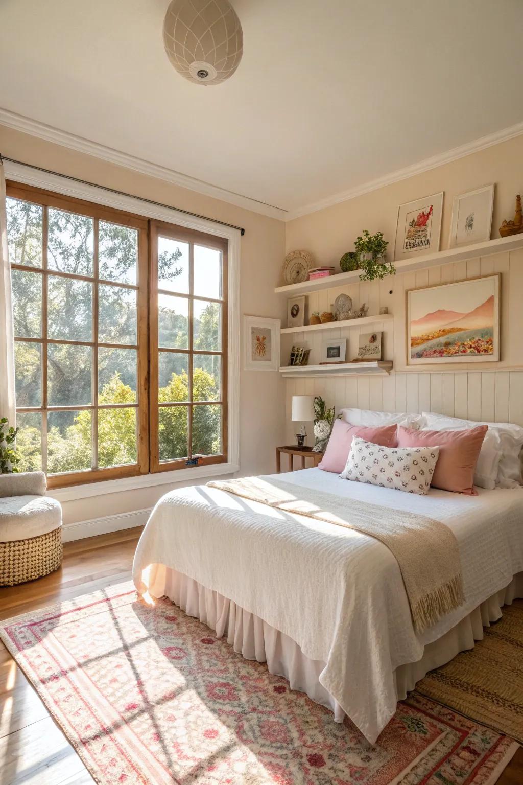 Sunlight delivers warmth and transparency to a bedroom.