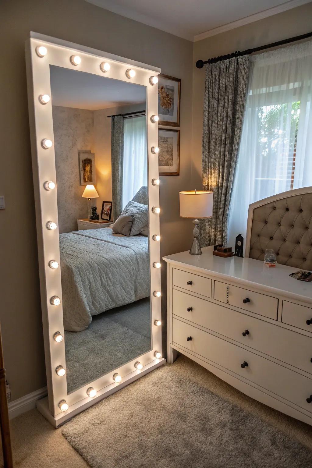 A mirror with built-in lighting enhances the bedroom with both functionality and style.