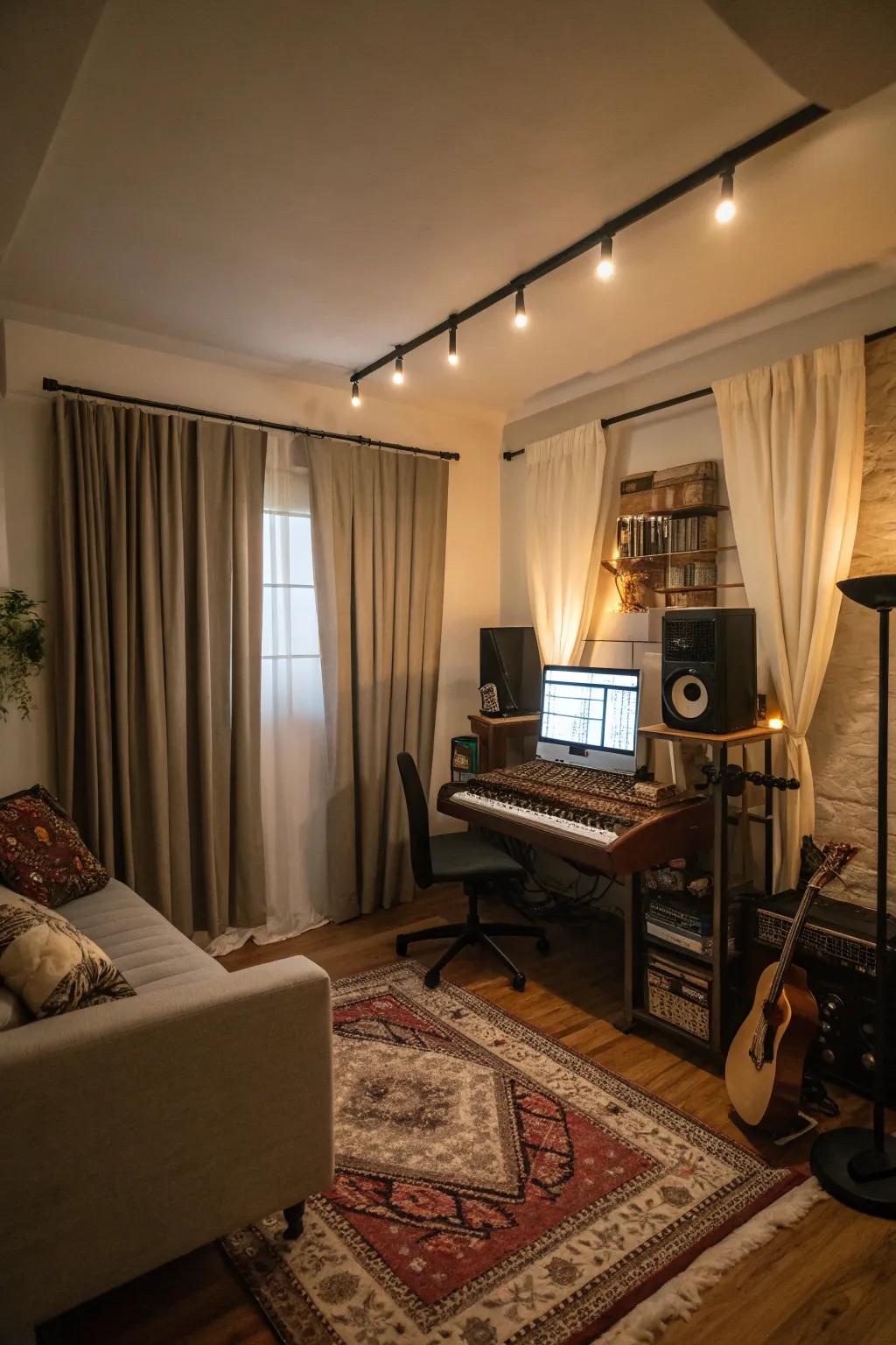 Soundproof curtains help maintain a focused environment in your music studio.