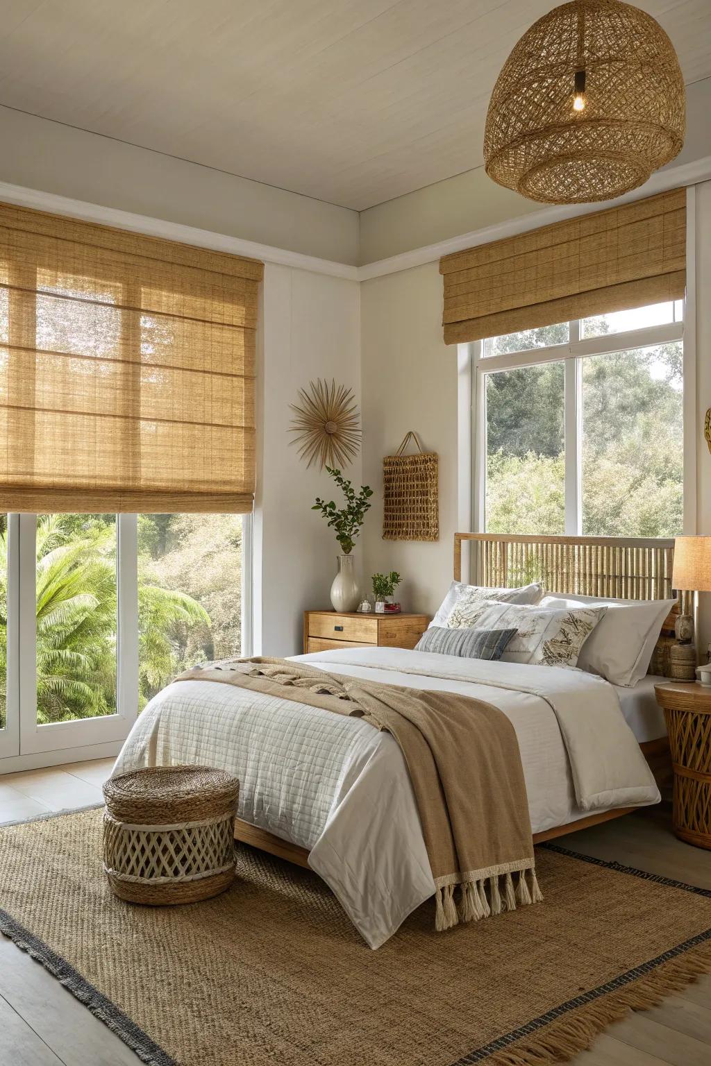 Bamboo shades bring a cozy, natural element to bedroom decor.