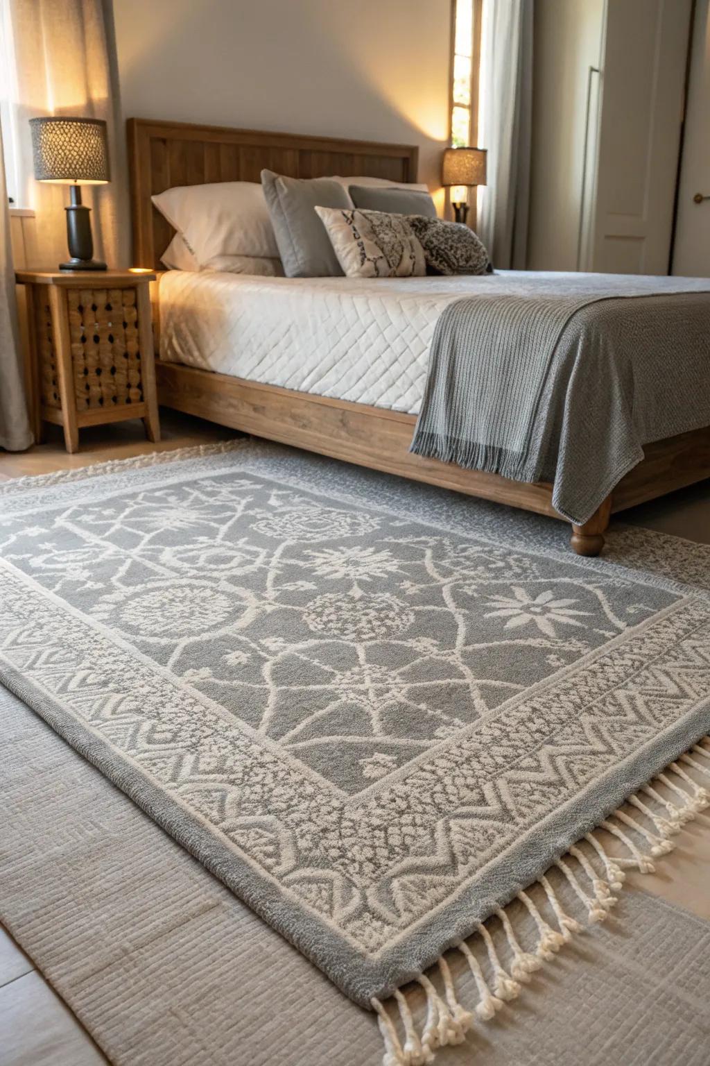 A gray rug anchoring the area through texture.