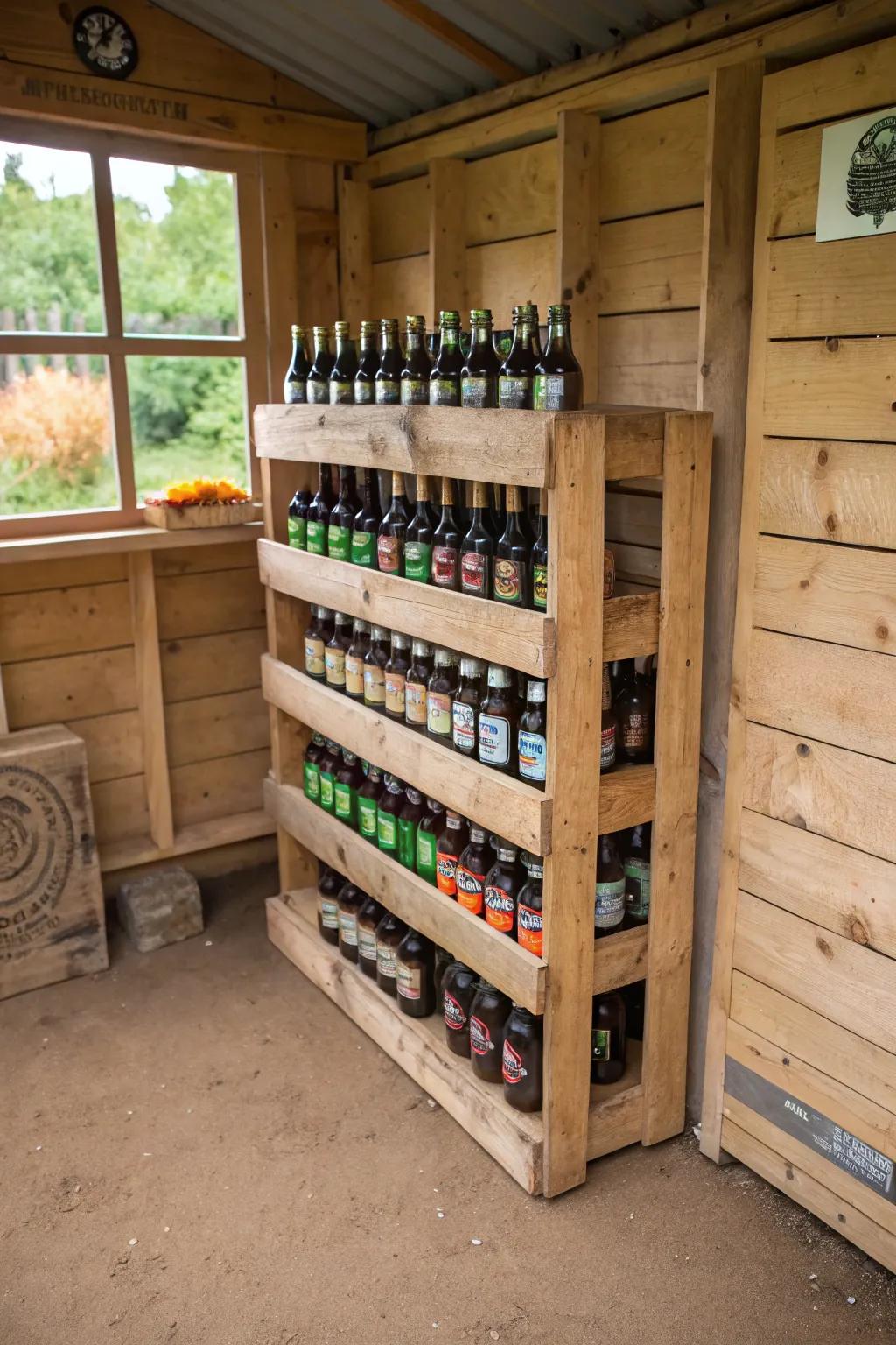An upcycled bed rack in a garden shed putting away ale bottles.