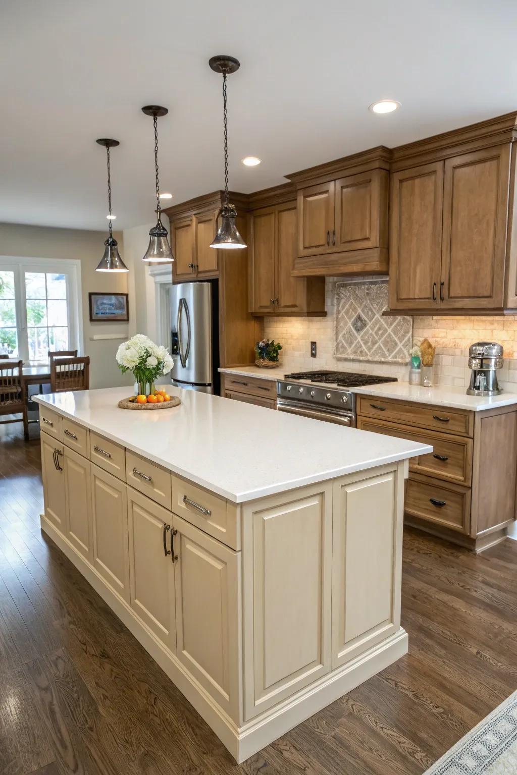 A beige island morphs into a central showpiece in the kitchen.