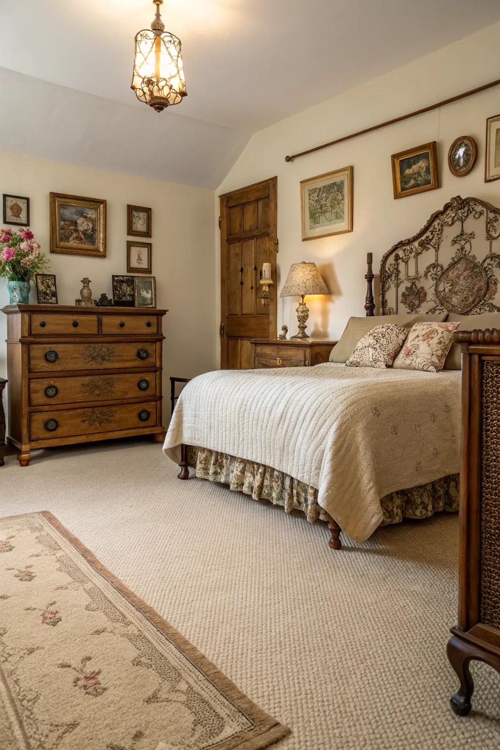 Vintage charm meets modern comfort in this bedroom showcasing a beige carpet.