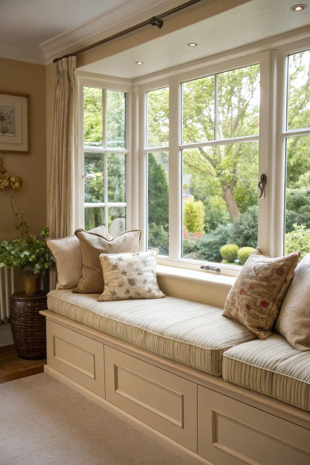 A cozy window space in a beige interior offers the perfect setting for peaceful moments.