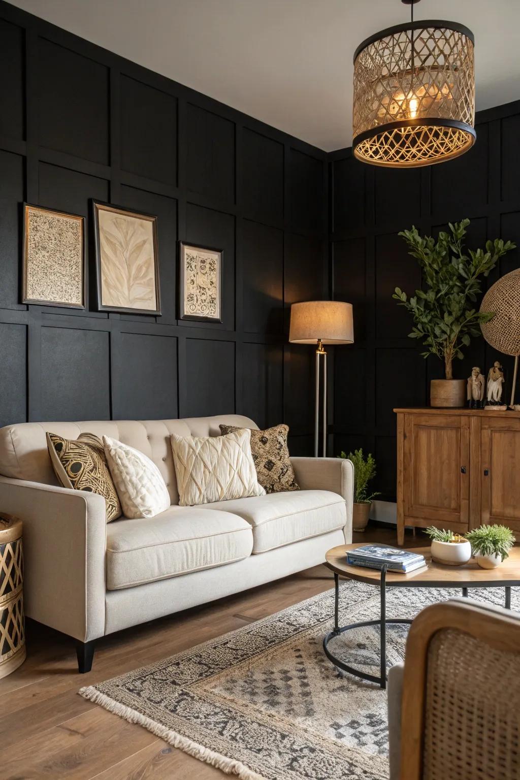 An ebony accent wall adds modern sophistication and intensity.