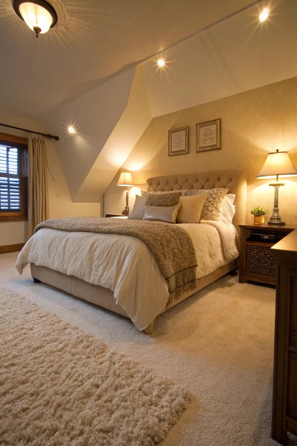 Pile flooring creates a cozy and inviting bedroom atmosphere.