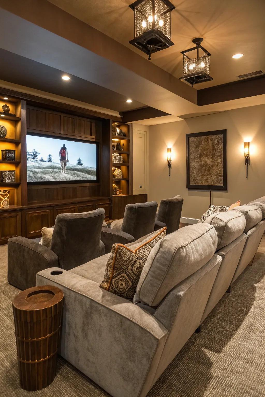 Lounge chairs adding personal style and comfort to this home theater.