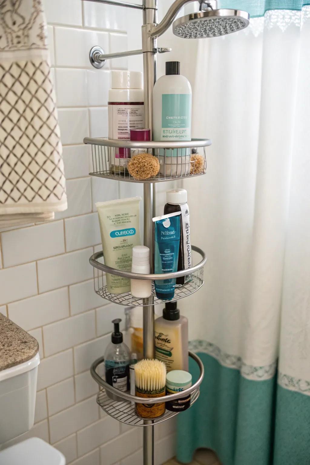 Maximize vertical space using a pole-style shower organizer.
