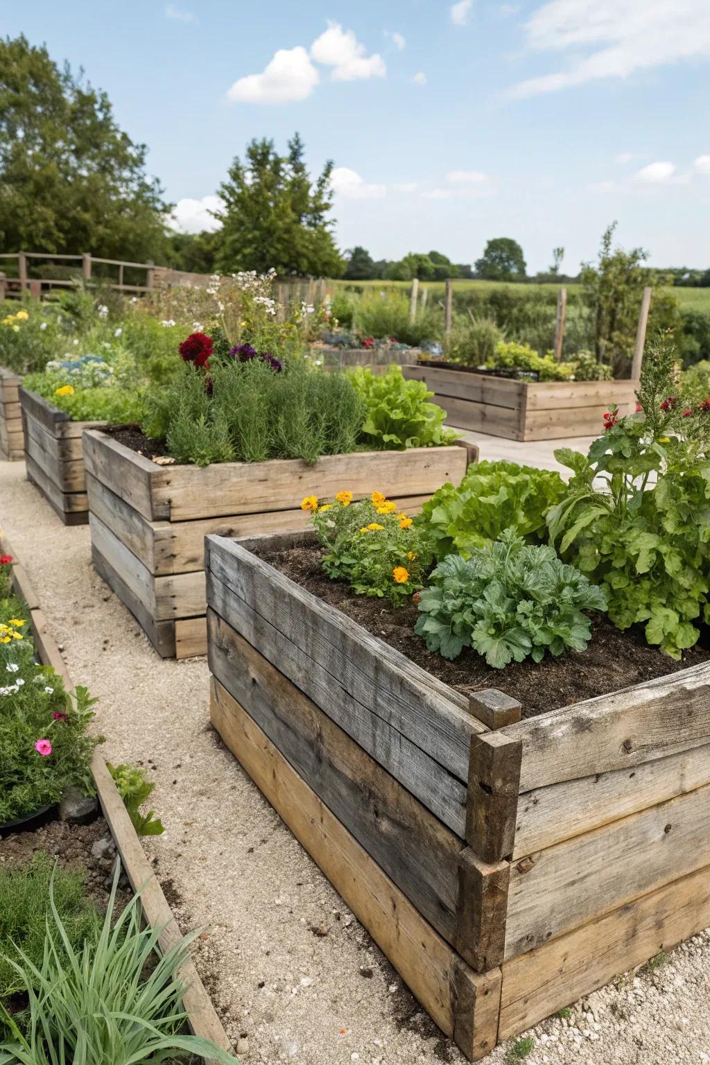 Reclaimed lumber introduces a rustic, sustainable element to your garden.