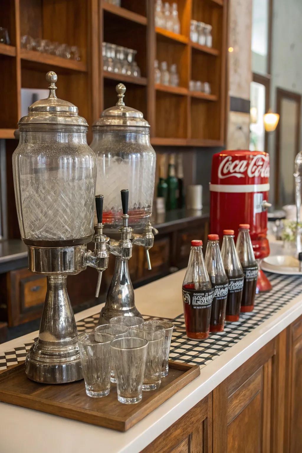 Add nostalgic charm with a vintage-inspired beverage station.