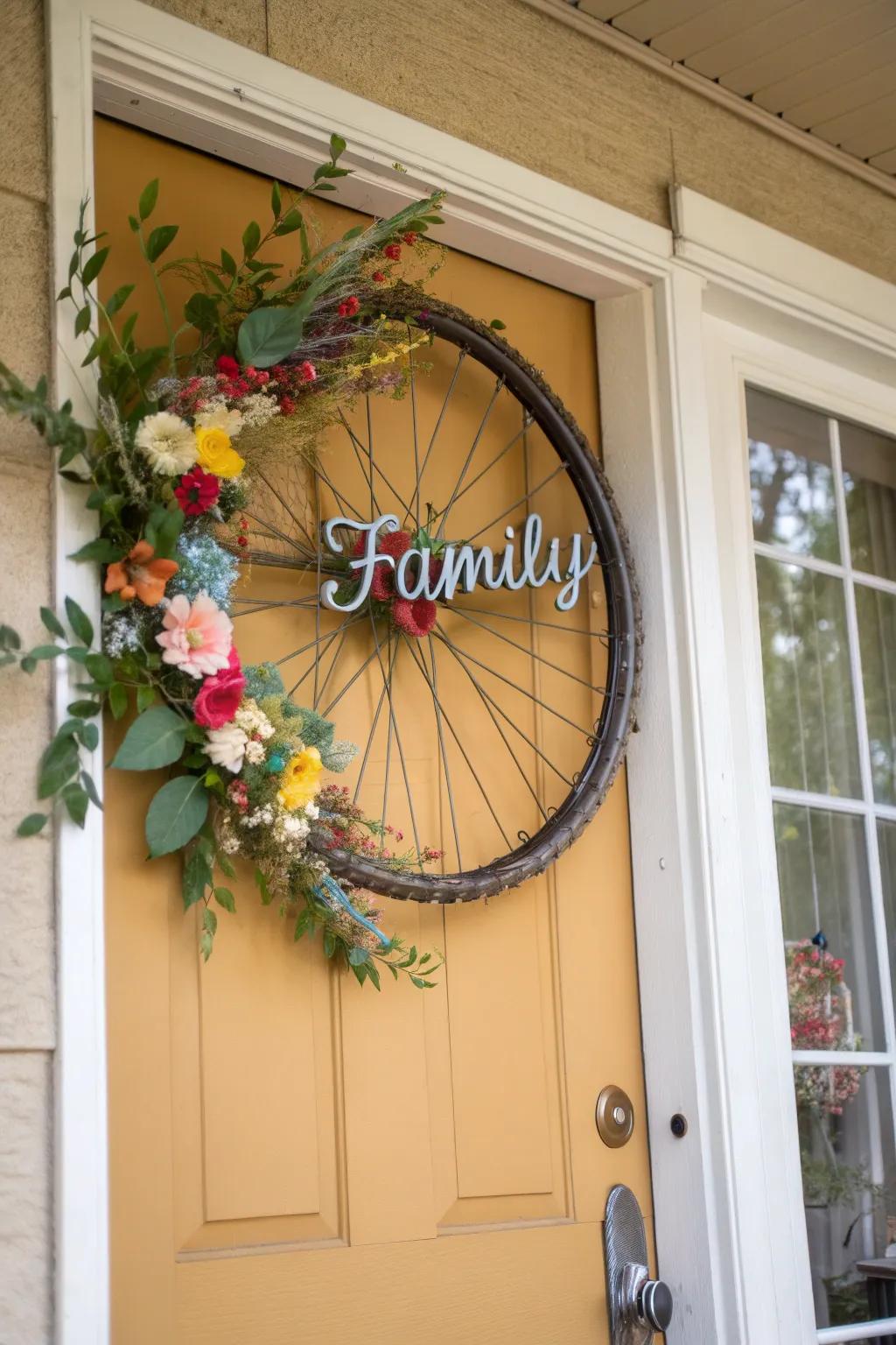 A personalized bicycle wheel wreath with initials, adding a special touch to home decor.