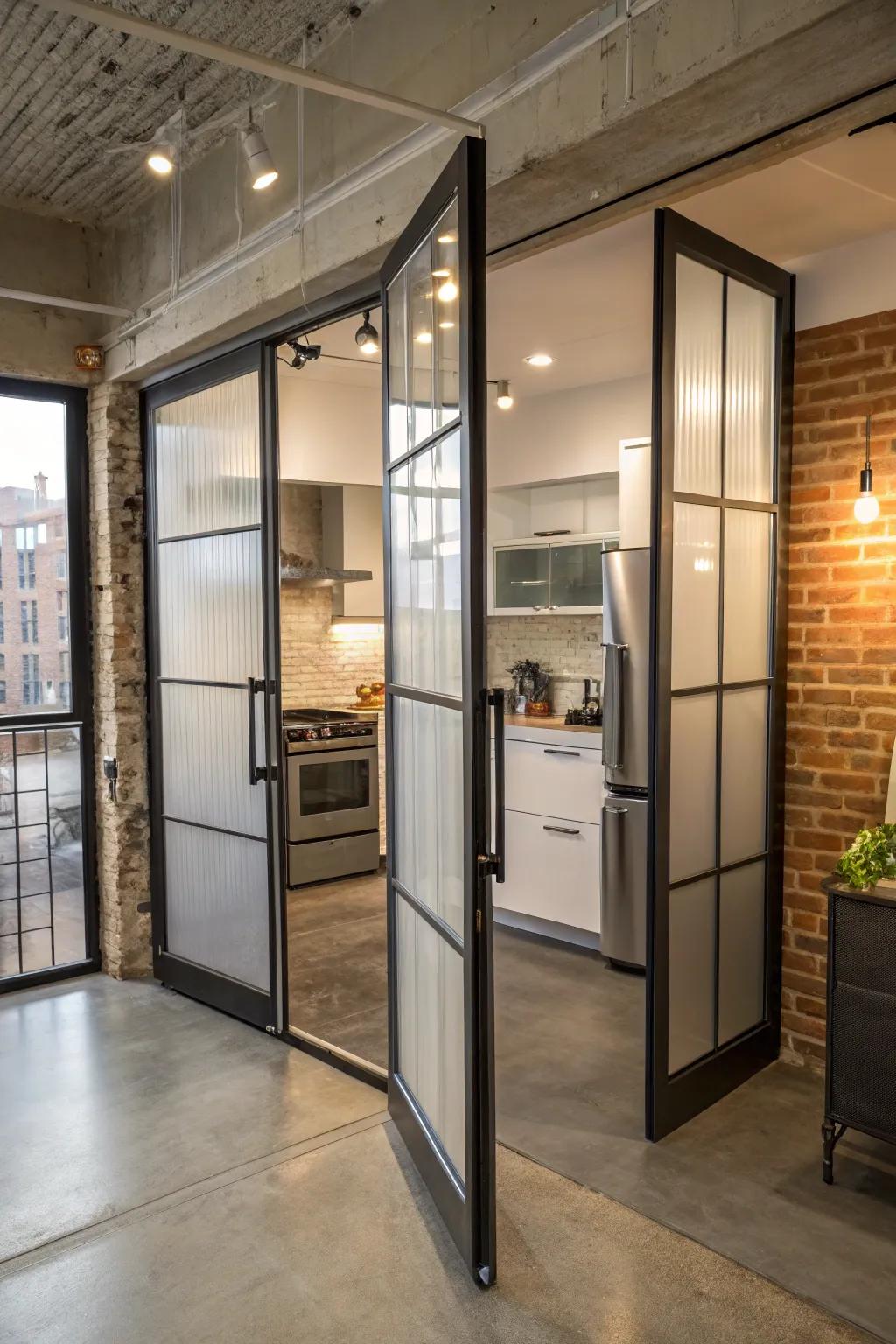 Shadowed glass folding doors provide privacy while keeping brightness.