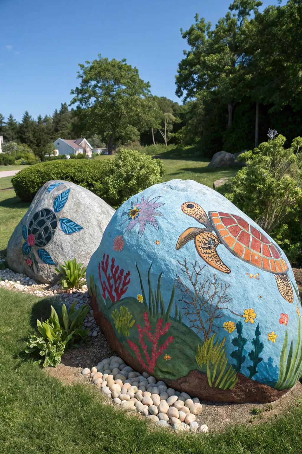 Dive into the ocean with sea-themed painted rocks.