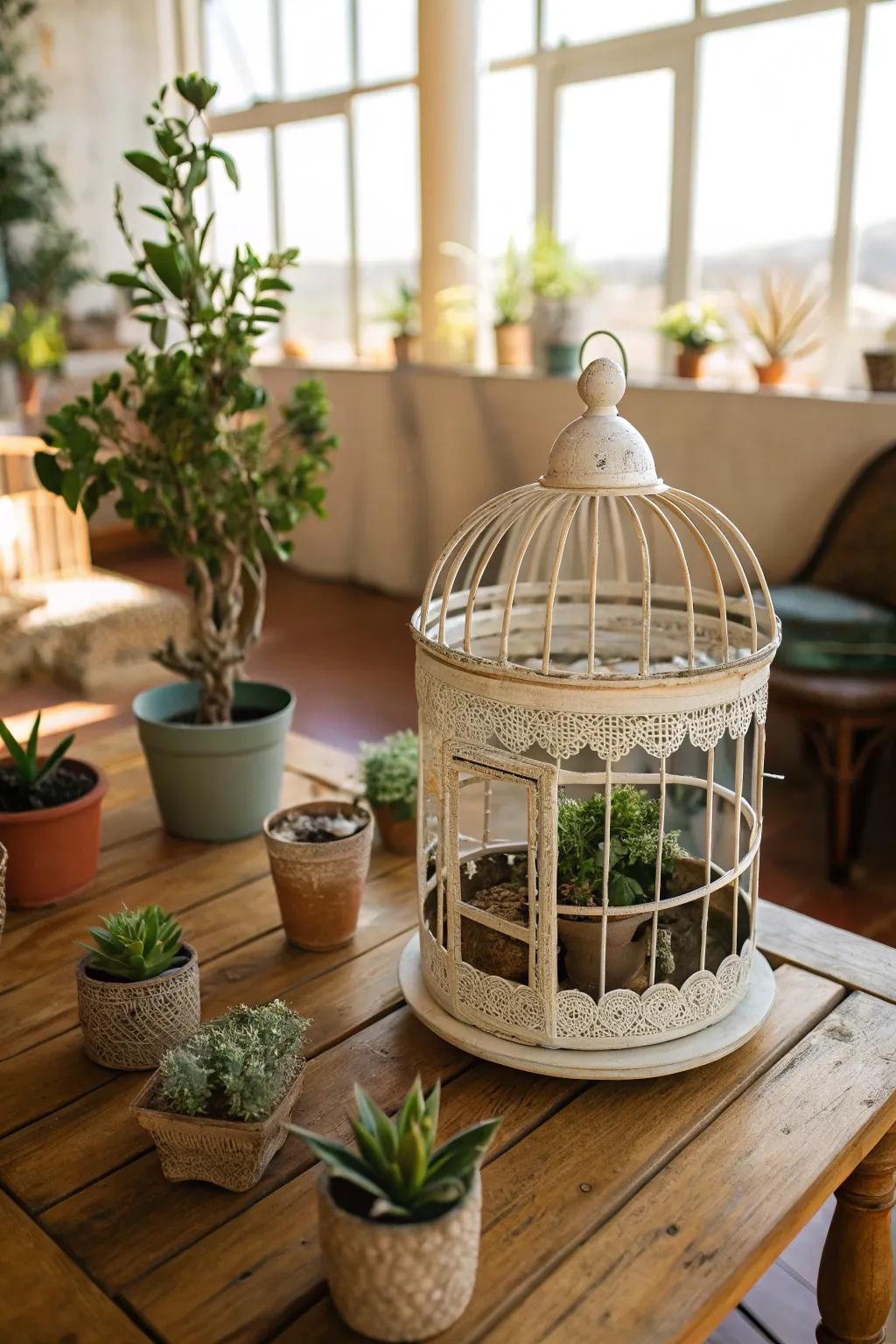 A bird cage morphed into a mini garden centerpiece.