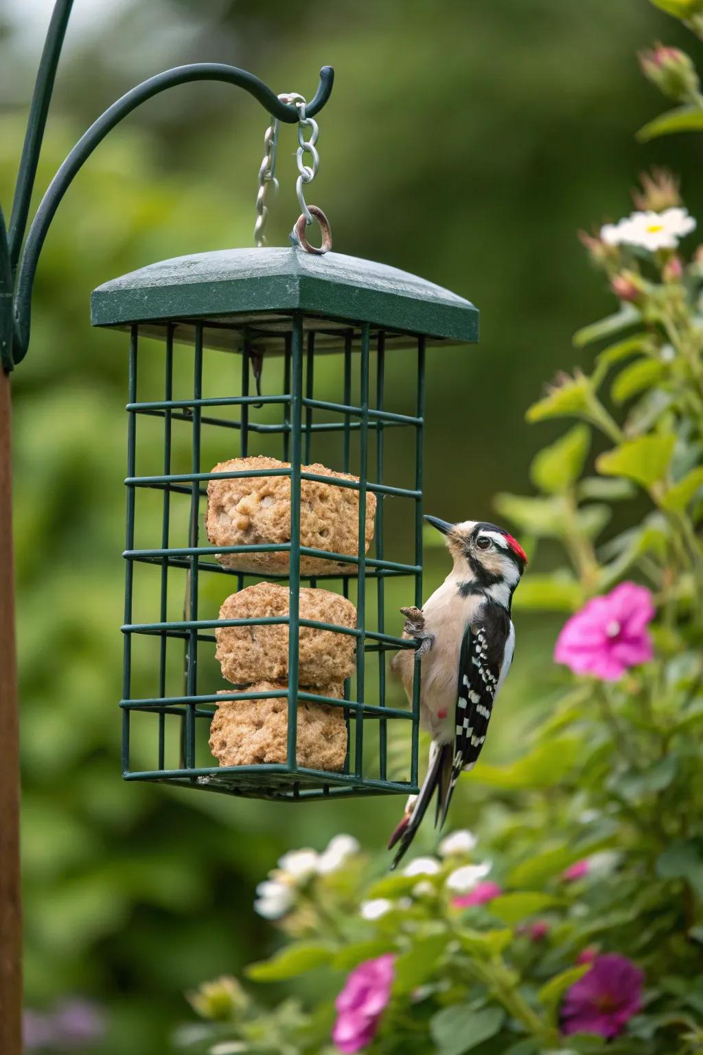 A suet treat feeder ideal for drawing in woodpeckers and more.