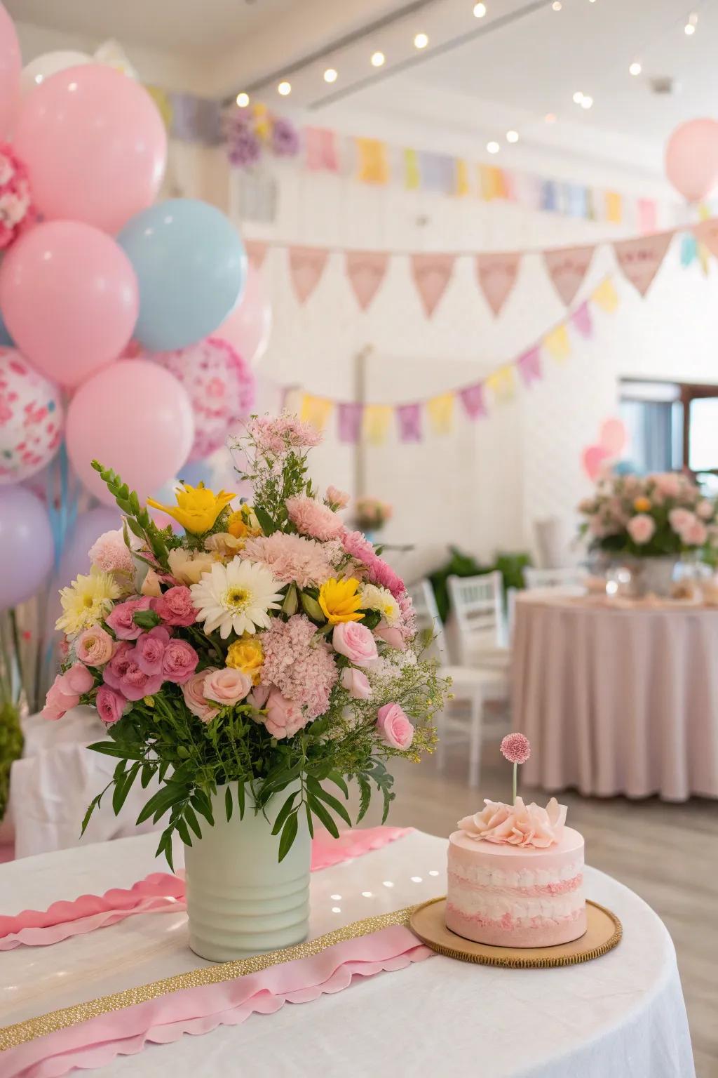 Lovely floral touches adding elegance to a birthday celebration decor.