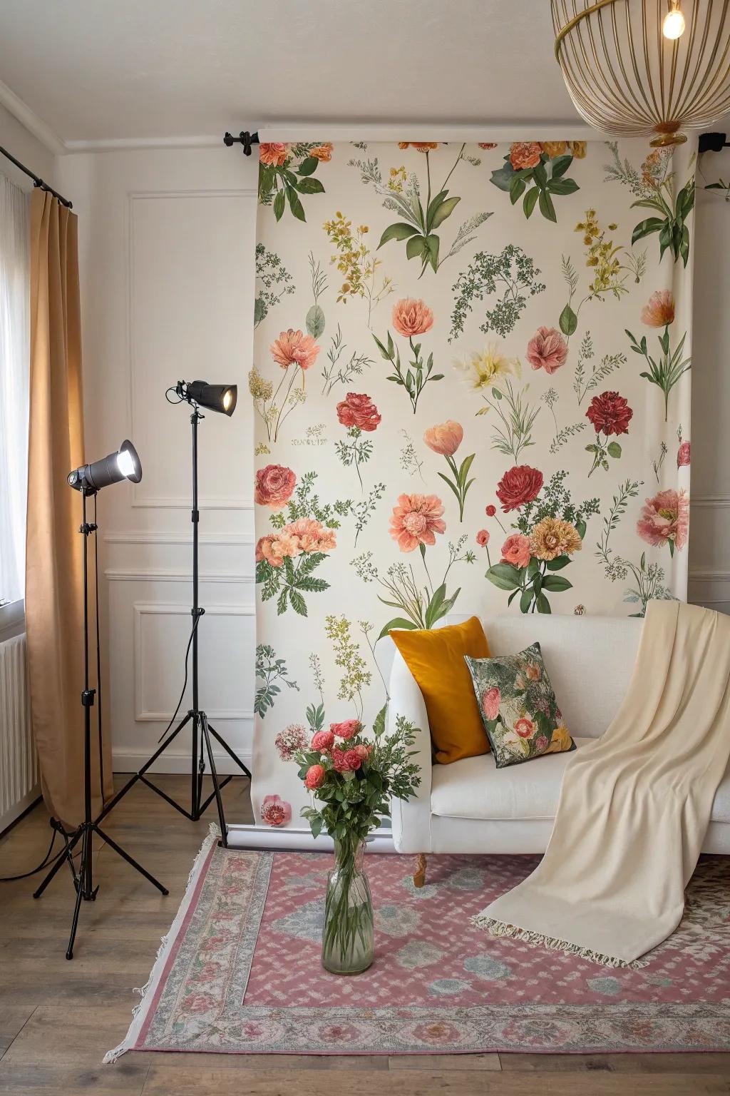 A floral wall serving as an elegant photography background in a home environment.